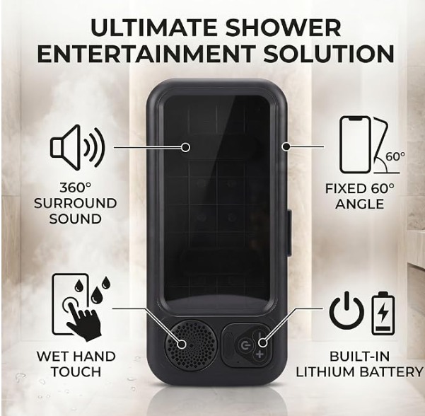 Waterproof Bathroom Touch Screen Phone Holder, Shower Entertainment Gadget, Bluetooth Mini Speaker, Portable Wireless for Watching Shows